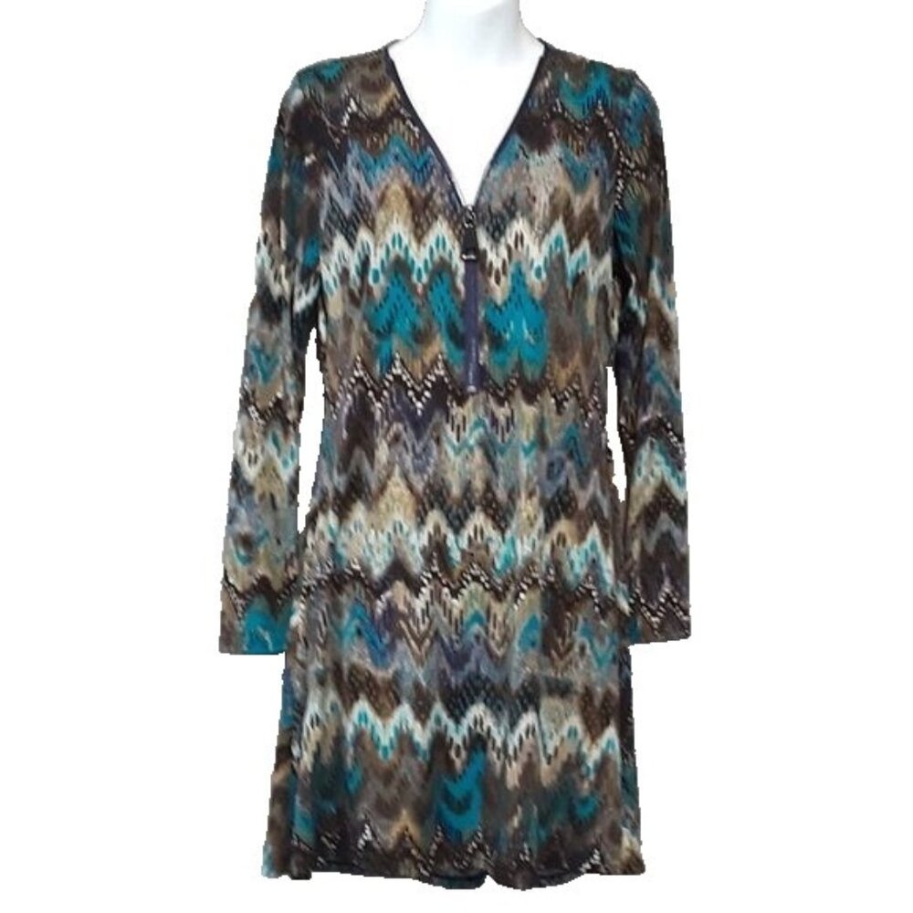 Ariella Womens BOHO Mini Dress Medium Blue Chevron 1/4 Zip Long Sleeve‎ Casual